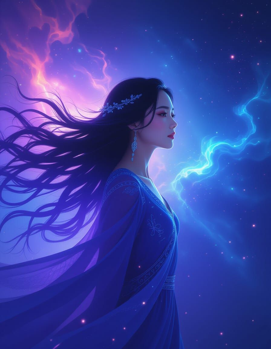 Ethereal Hmong Woman in Cosmic Nebula, Fantasy Sci-Fi Art