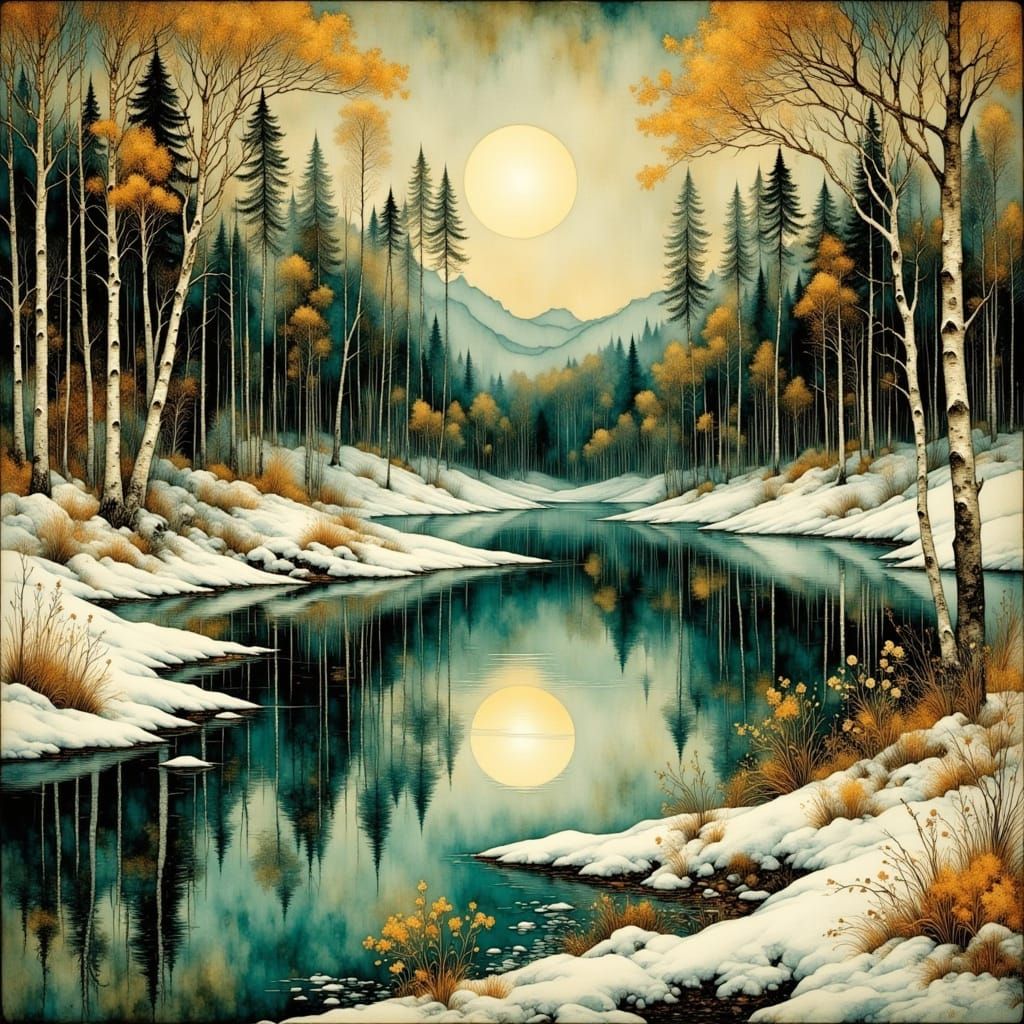 Surreal Icy Lake Landscape with Glittering Mosaic Accents