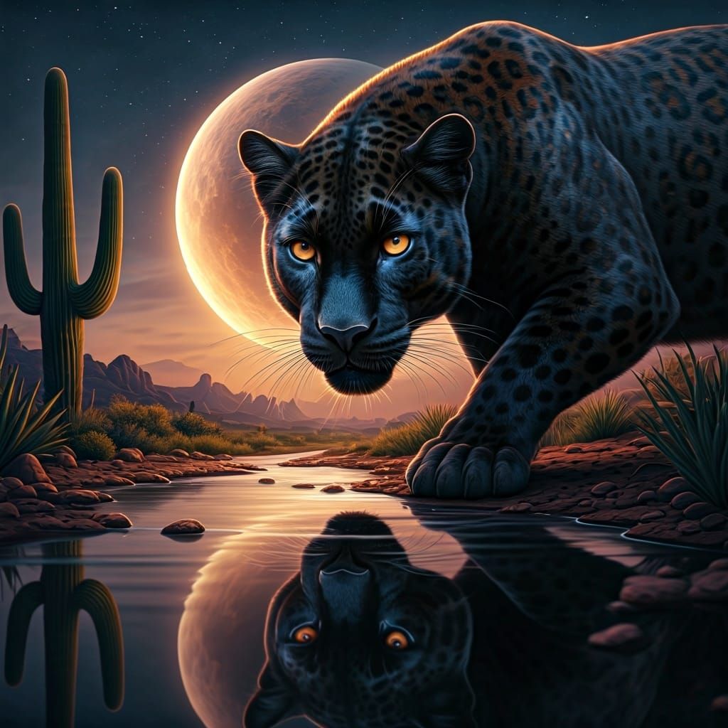 Wary Black Panther Reflection in Desert Night