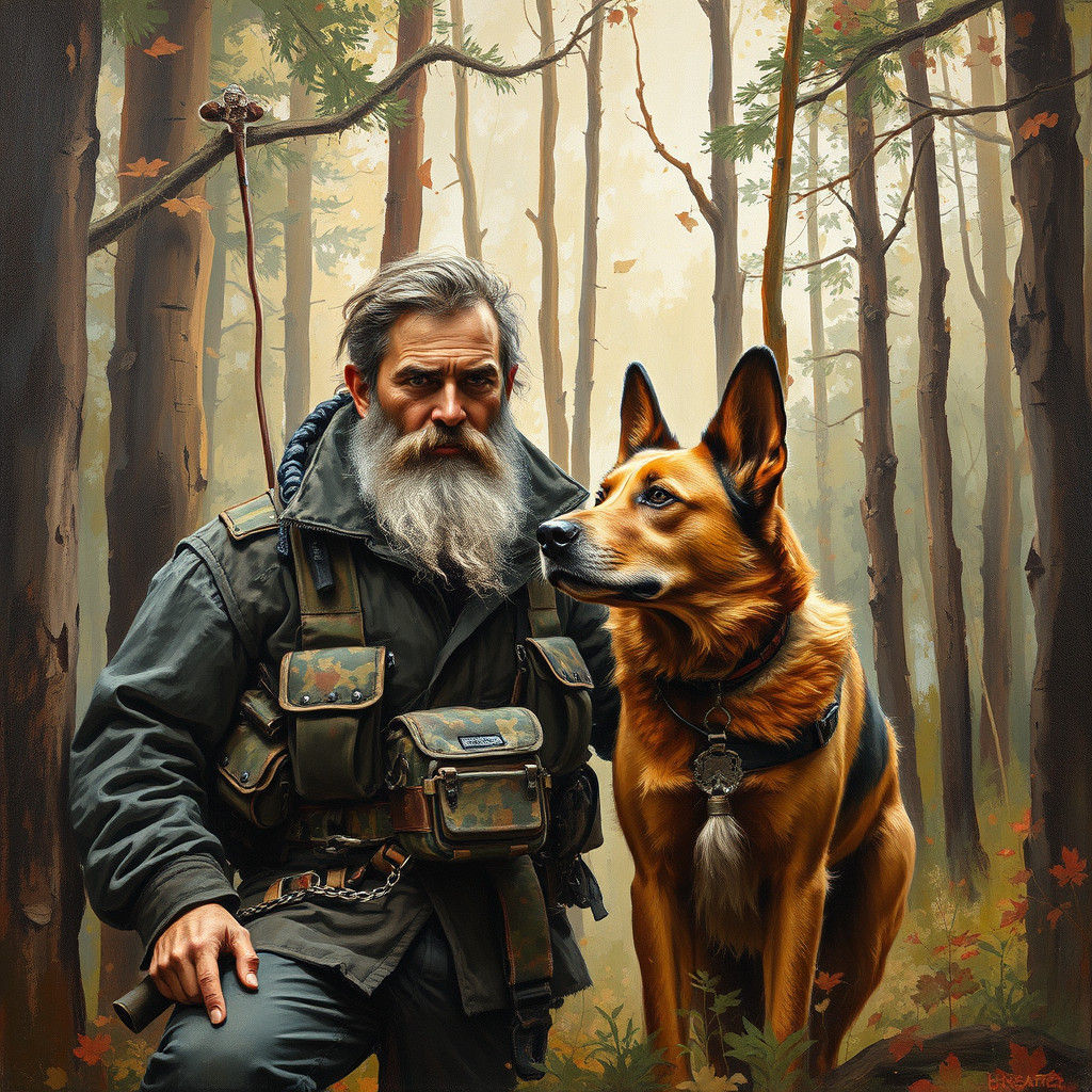 Handsome Woodsman and His Faithful Companion in Oil on Canva...