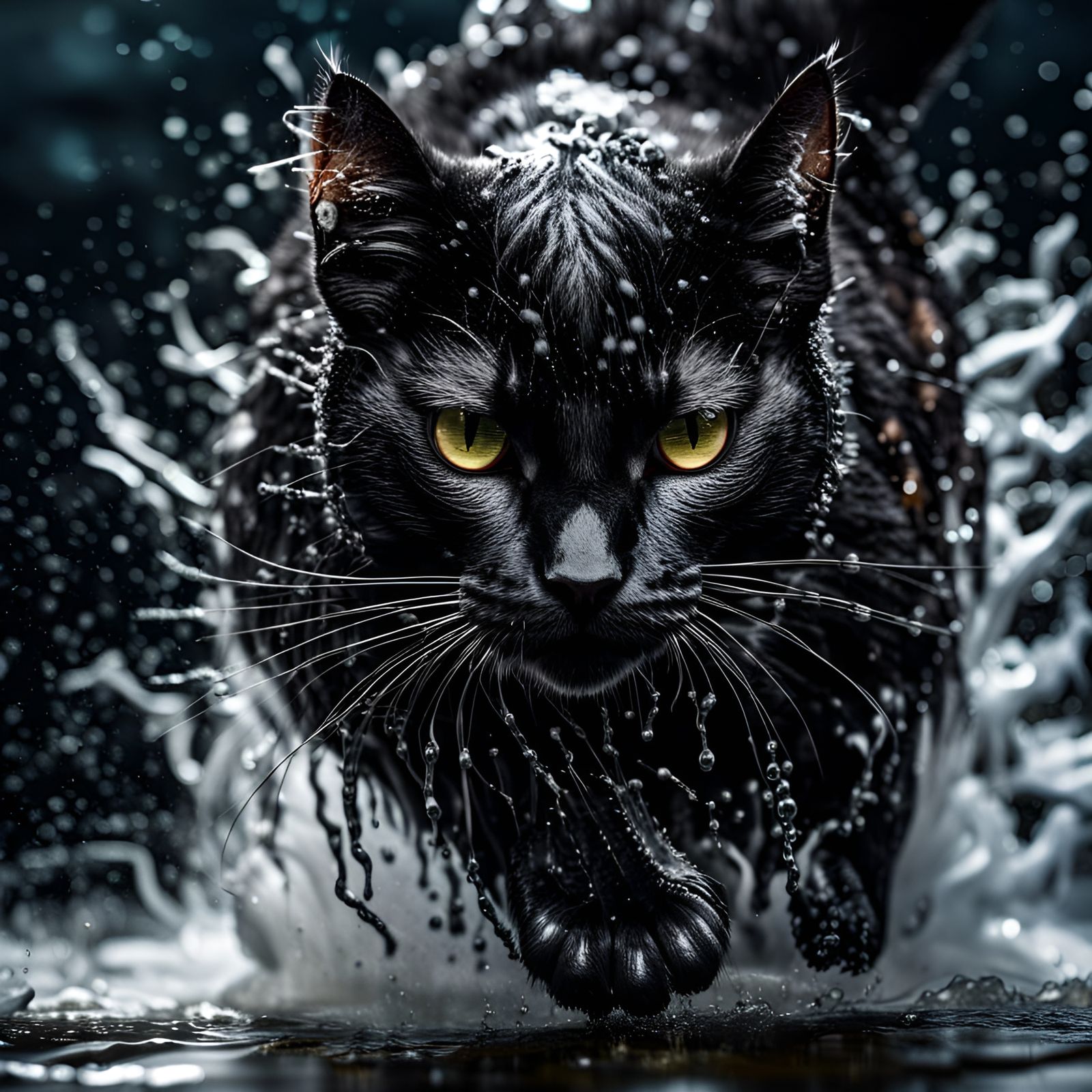 Hyperrealistic Cyborg Cat Pouncing in Water