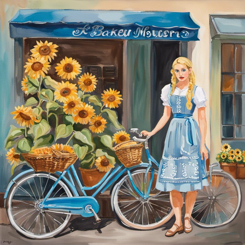 Young Woman with Bicycle in Munich: Gouache Watercolor