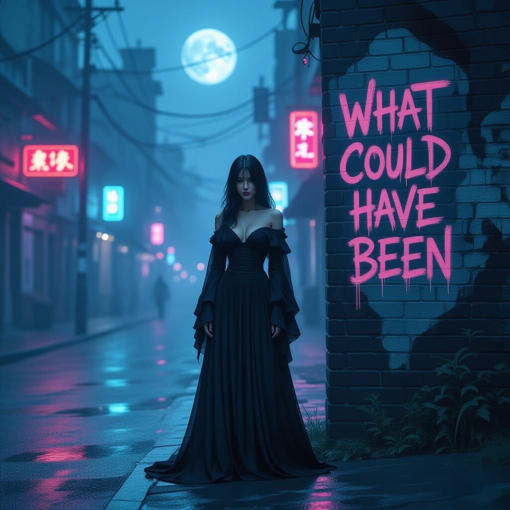 Melancholic Singer in Misty Neon Cityscape