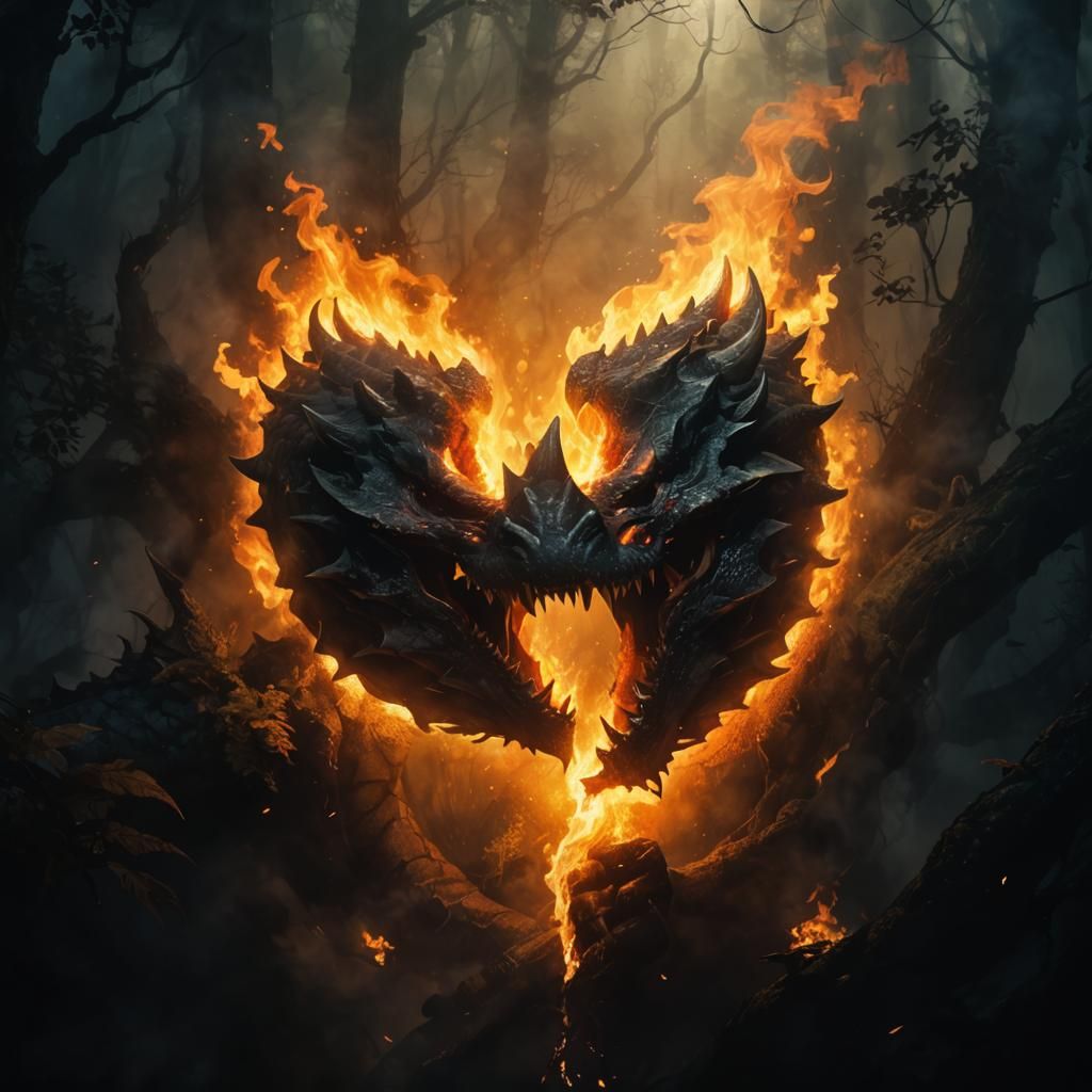 Dragon's Fiery Breath in Mystical Forest Illustration