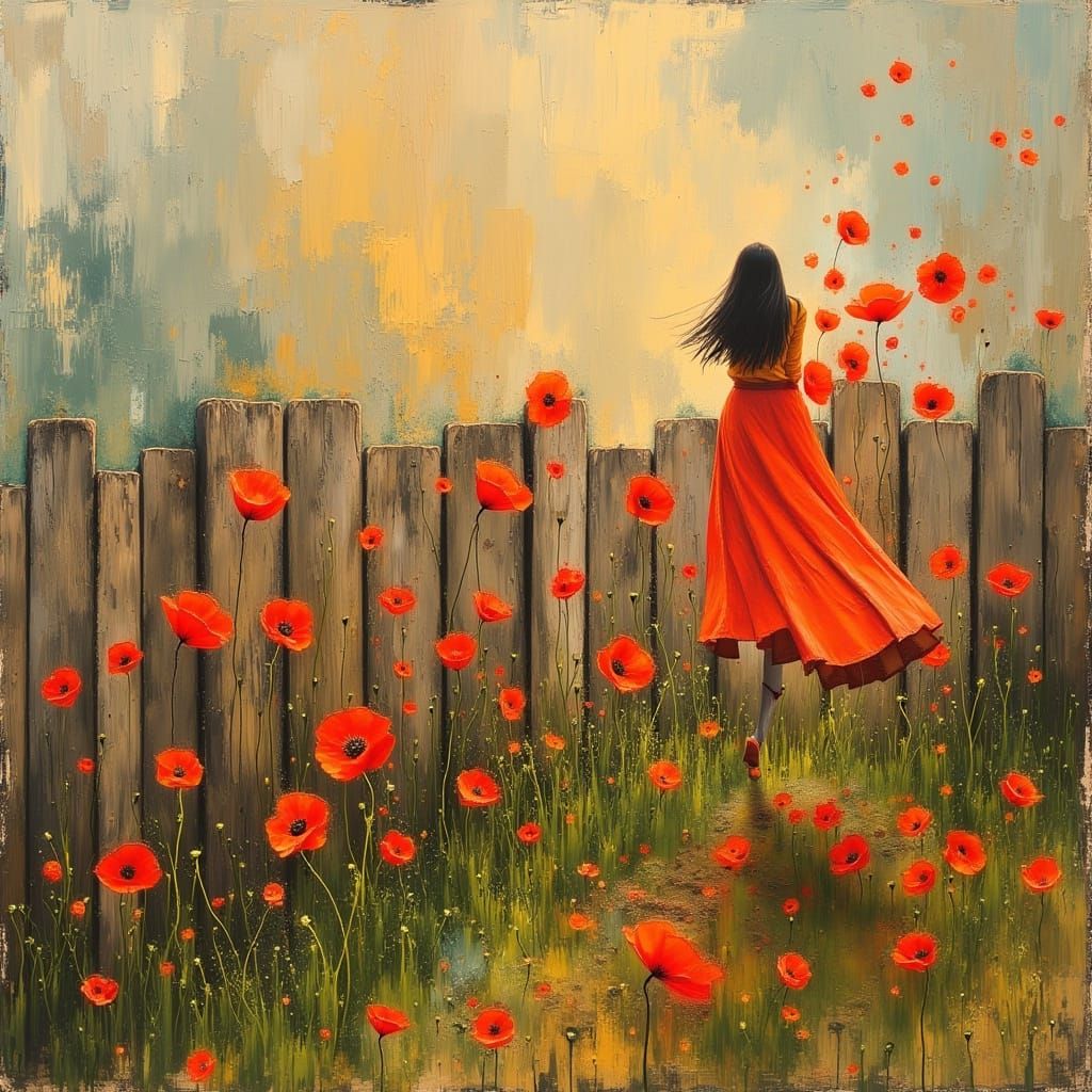 Poppies on Wooden Fence in Impressionist Style