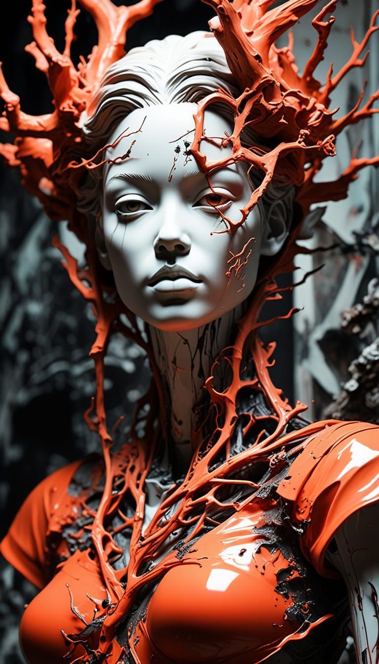 Surreal Alabaster Sculpture Asking Questions in Vibrant Hues