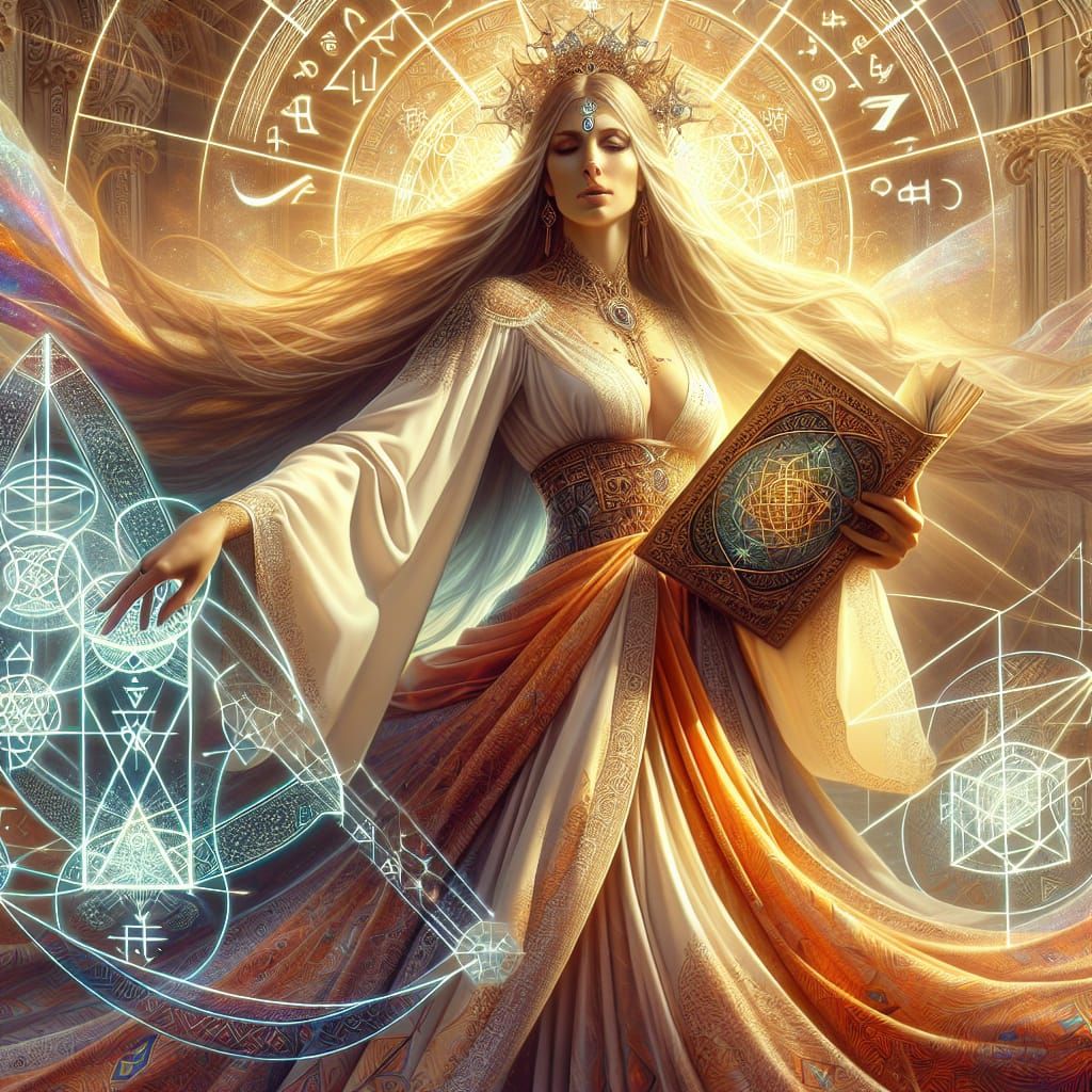 Fantasy Mother Goddess with Sacred Geometry Scroll