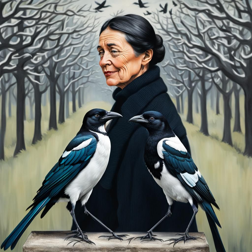 Woman with Magpies in Countryside