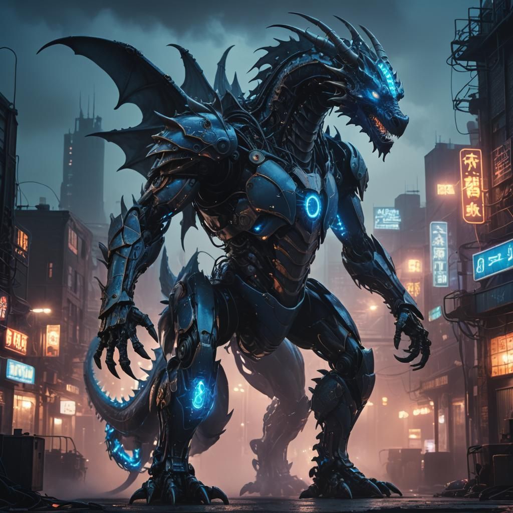 Robotic Dragon in Cyberpunk Sci-Fi Cityscape