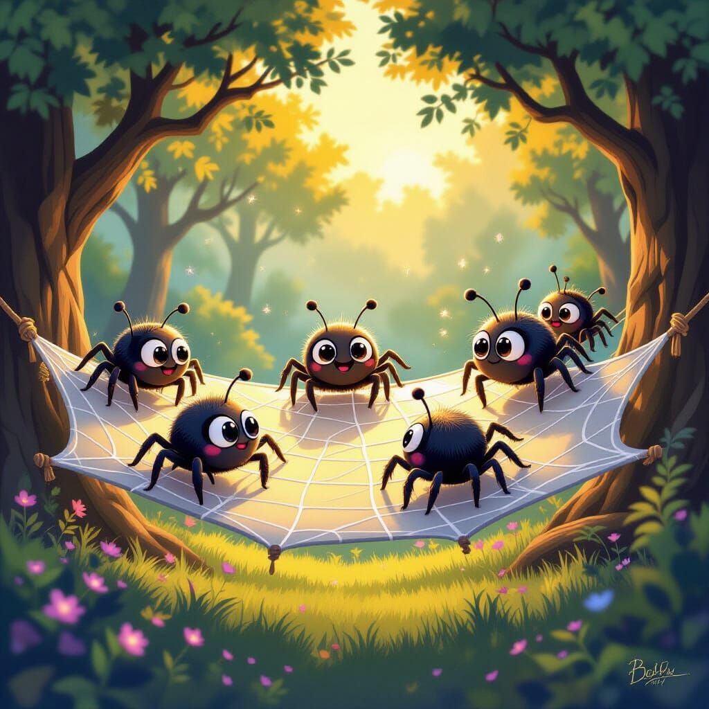 Adorable Cartoon Spiders Bounce on Giant Web Trampoline