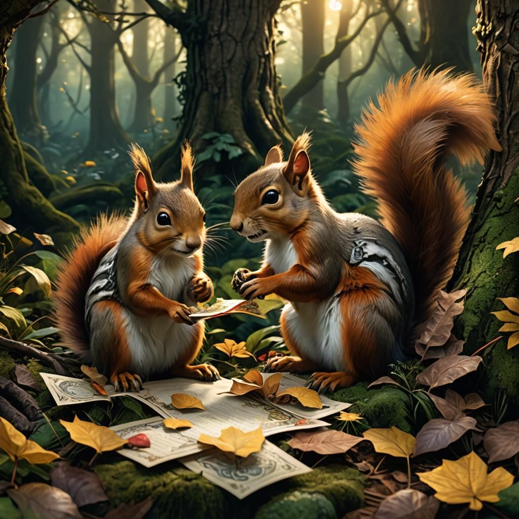 Squirrels Nibbling Card in Mystical Forest, Fantasy Art