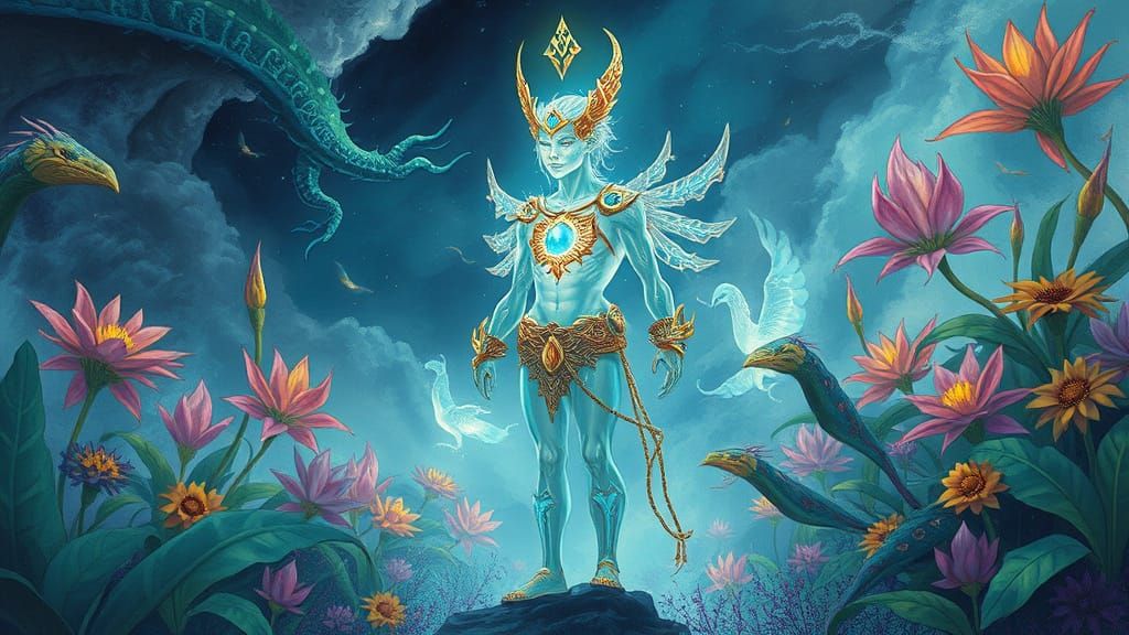 Mystical Being Amidst Vibrant Fantasy Kingdom in Stormy Weat...