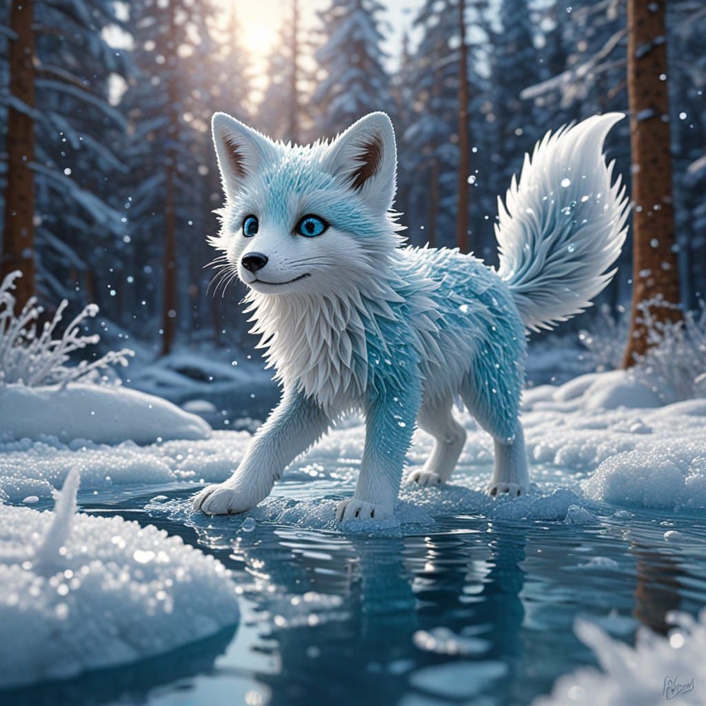 Turquoise Crystal Snow Fox Kit Plays with Swirling Snowflake...
