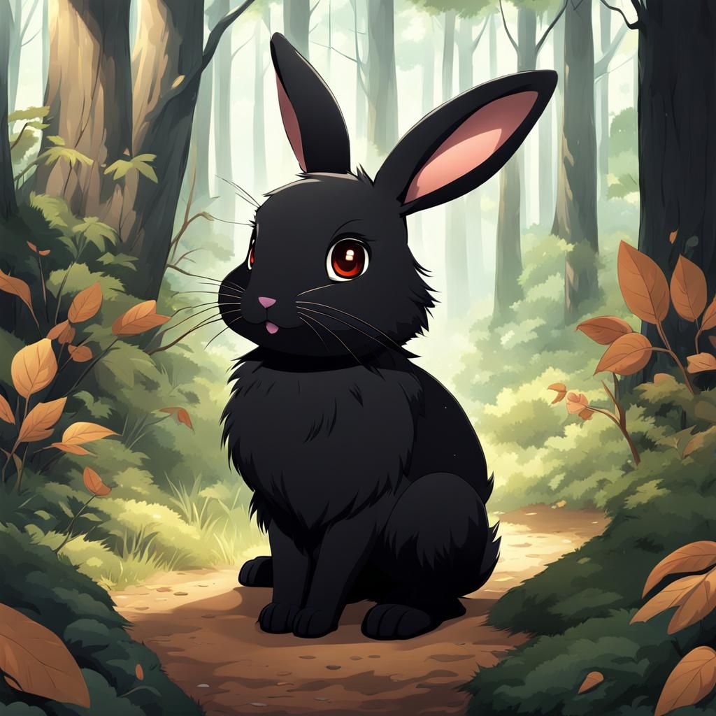 Anime Black Fur Rabbit in Cute Forest