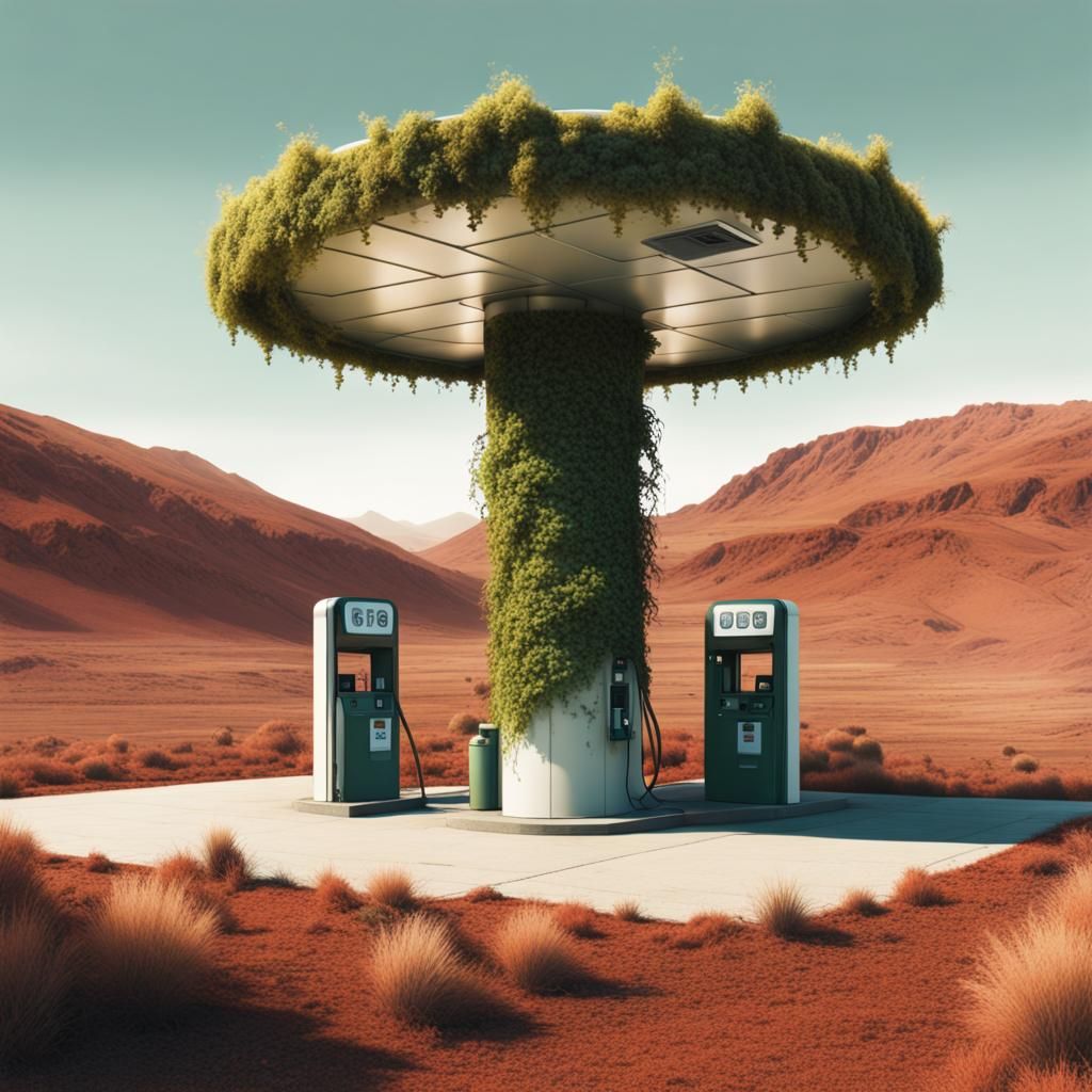 Overgrown Gas Station on Mars: Macabre Digital Illustration