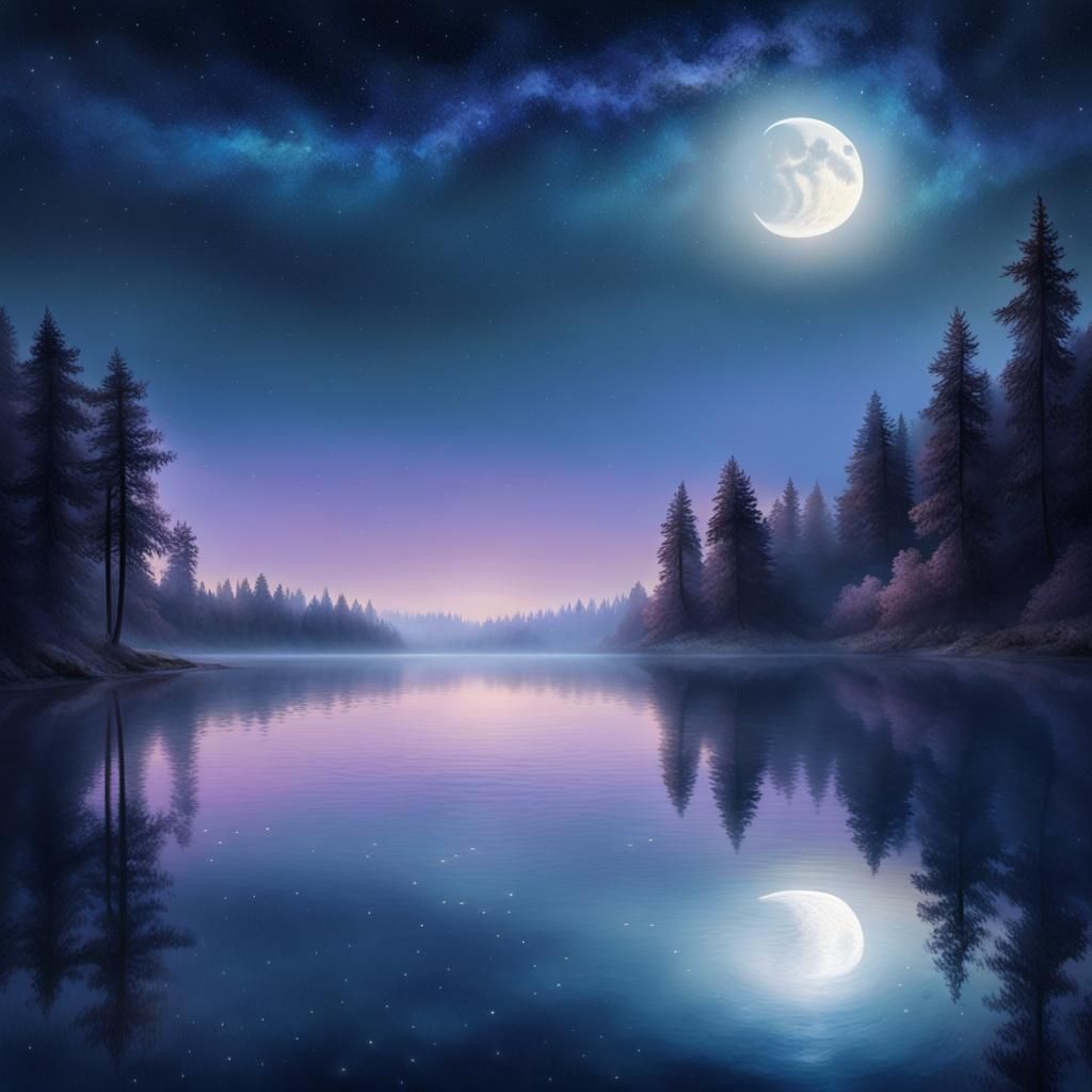 Moonlit Lake Panorama in Dreamy Painting Style