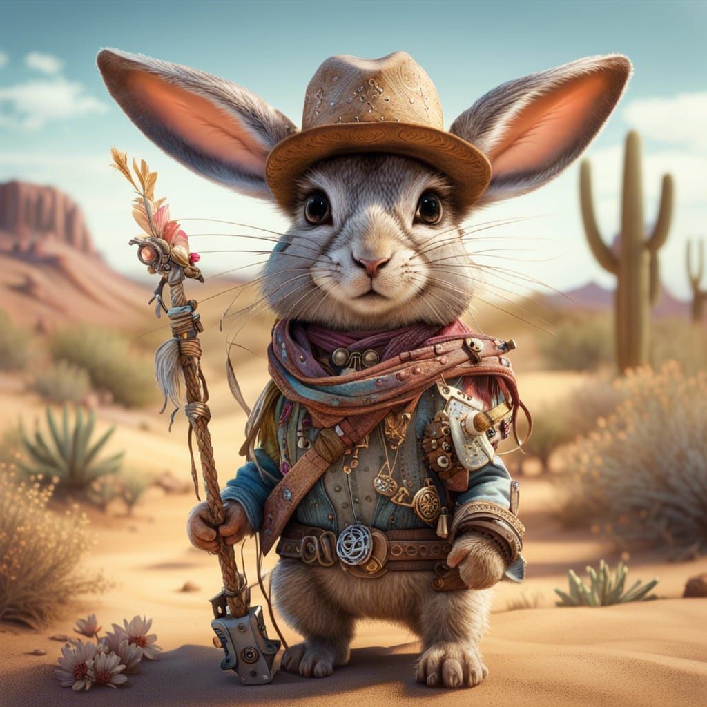 Cowboy Hare in Mojave Desert, Detailed Digital Art