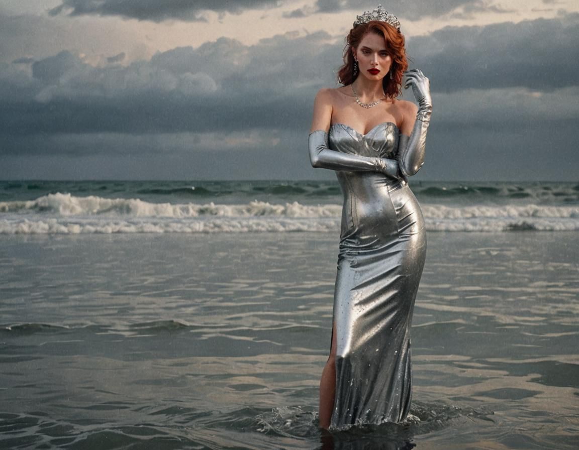 Glamorous Woman in Silver Gown Standing in Sea