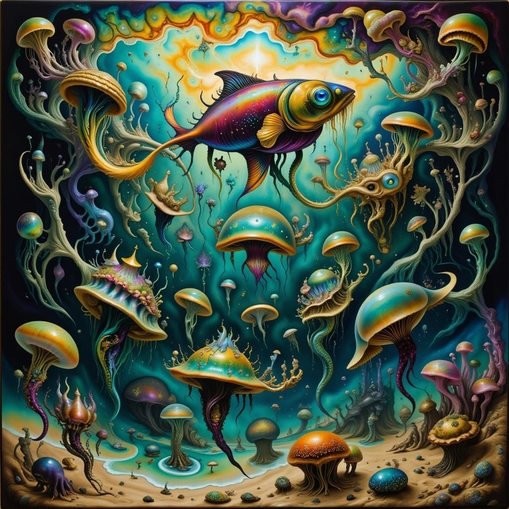 Alien Fish-People in Whimsical Landscape