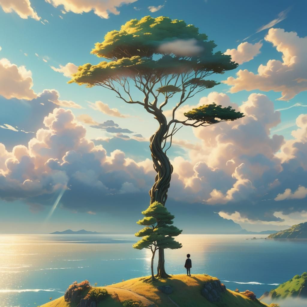 Dreamy Ocean View with Lone Figure, Ghibli Style