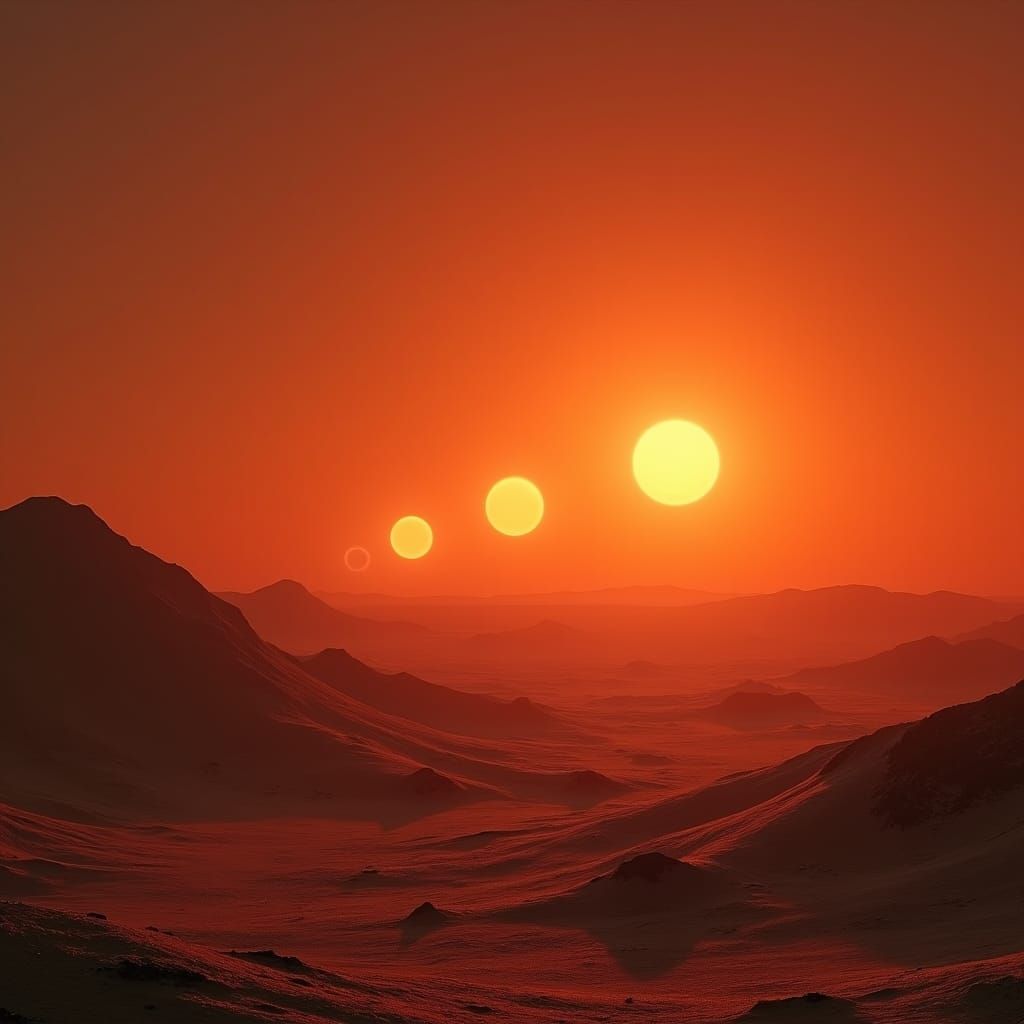 Crimson Alien World Bathed in Triple Sunrise