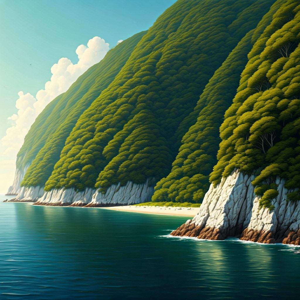 Lush Green Island with White Cliffs in Digital Painting Styl...