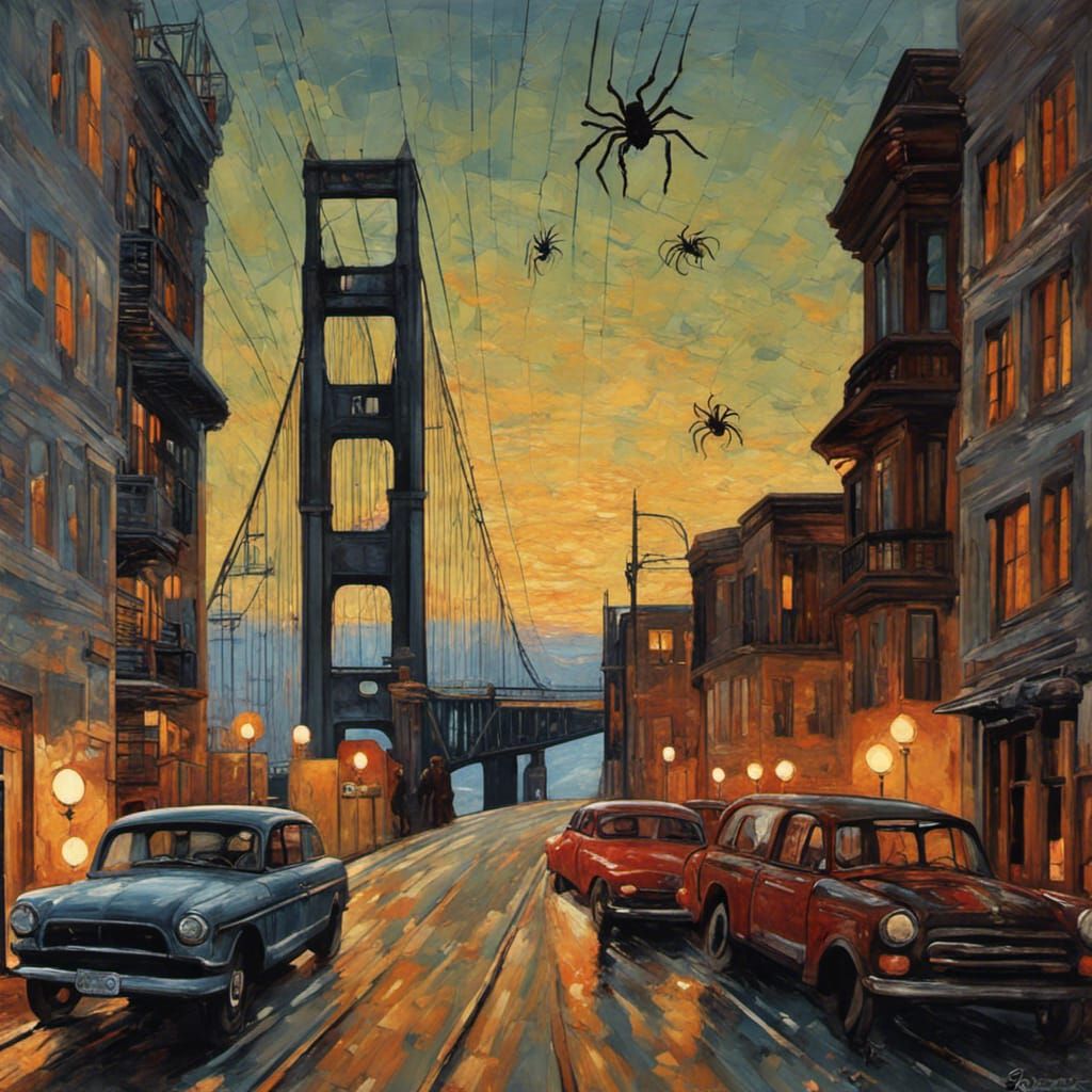 Escape from Alcatraz in San Francisco Bay and big black spiders with red eyes in the streets band poster night silhouett...