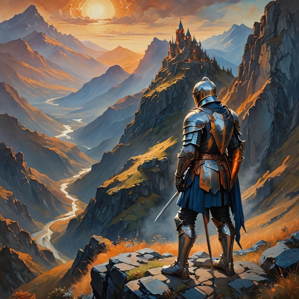 Knight Contemplates Landscape: Oil Painting Vista