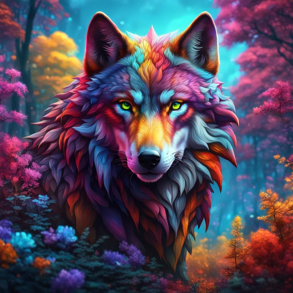 Vibrant Colorful Wolf in Detailed Matte Painting