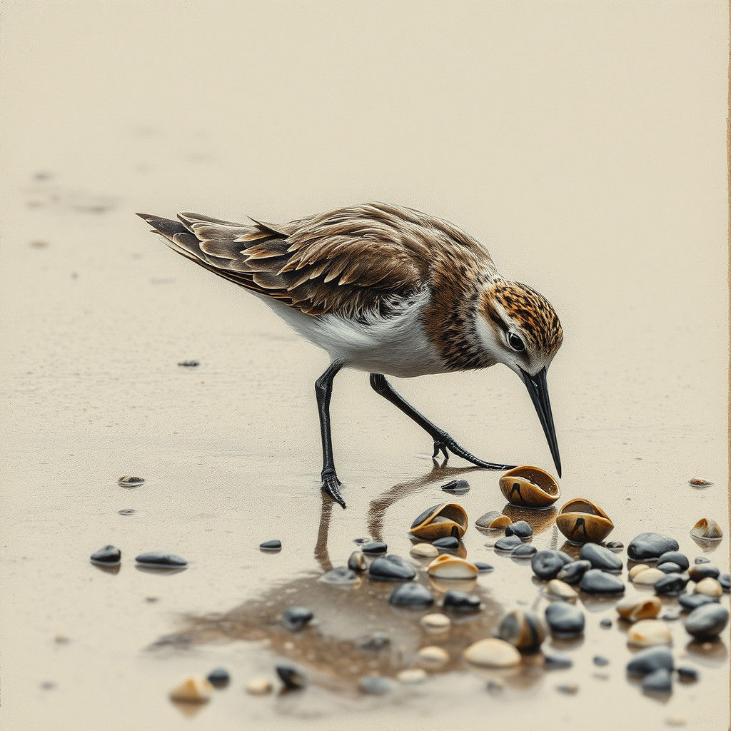 Sandpiper Foraging on Misty Beach, Hyper-Realistic Charcoal ...