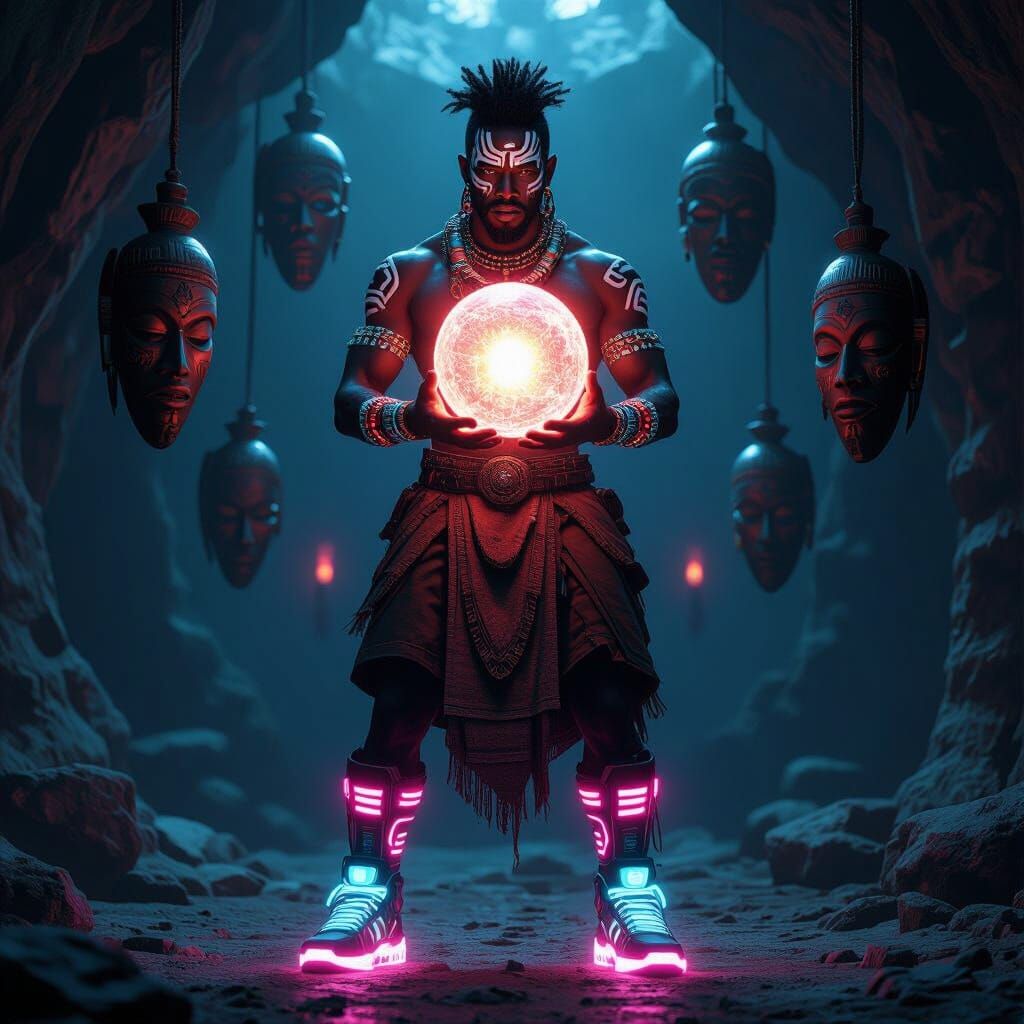 Afro-Futurist Warrior Holds Glowing Orb with Floating Masks