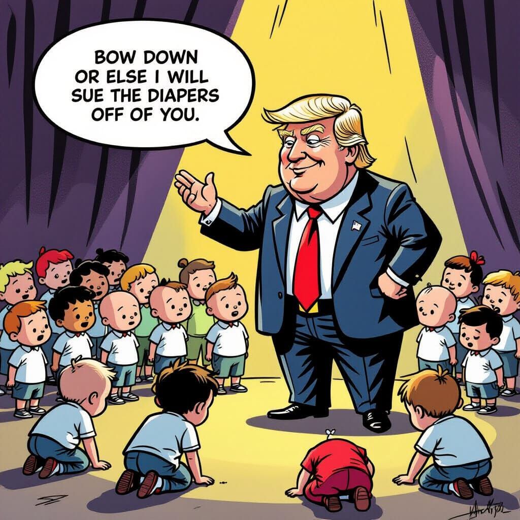 Cartoon Trump Commands Toddlers to Bow Down