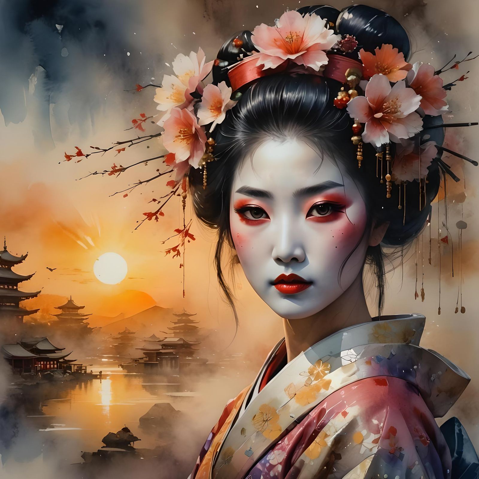 Geisha Portrait in Soft Textured Watercolor Style