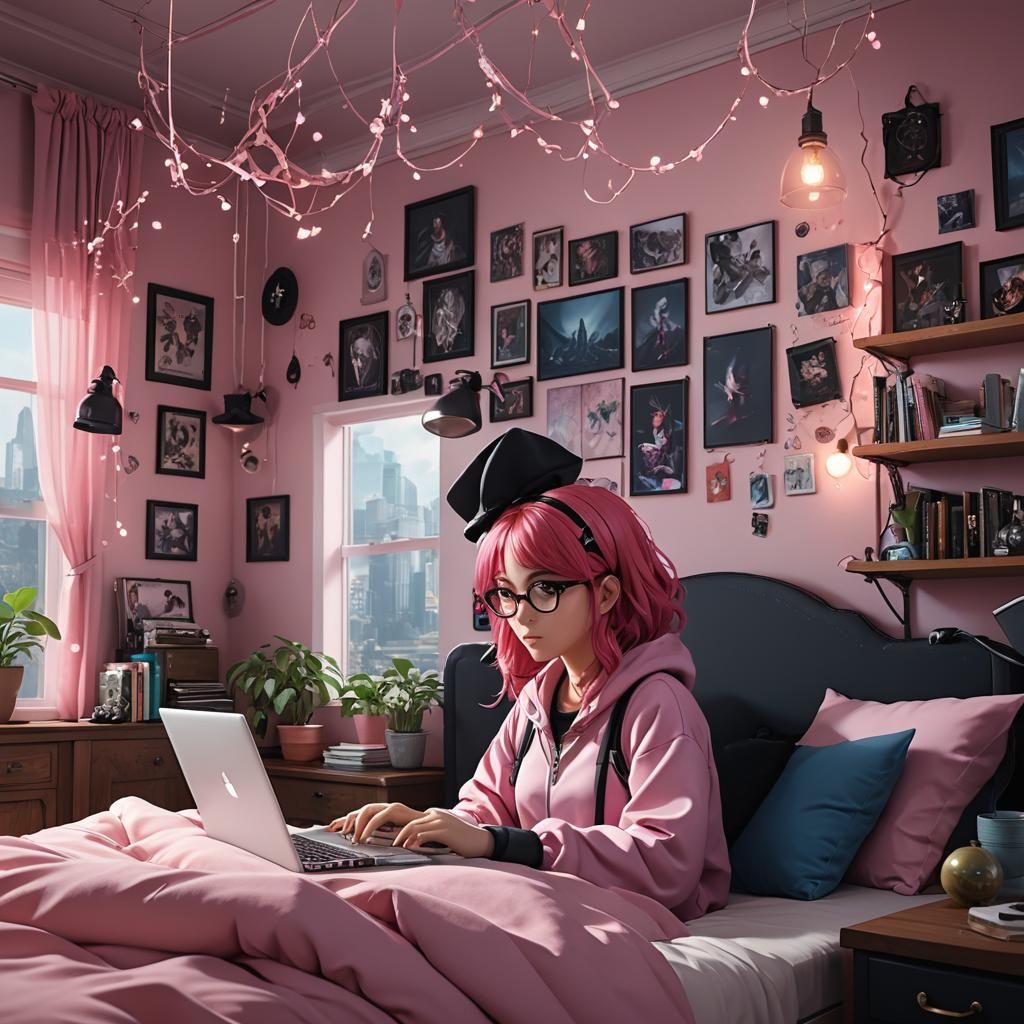 Anime Girl with Laptop in Pink Room, Digital Art