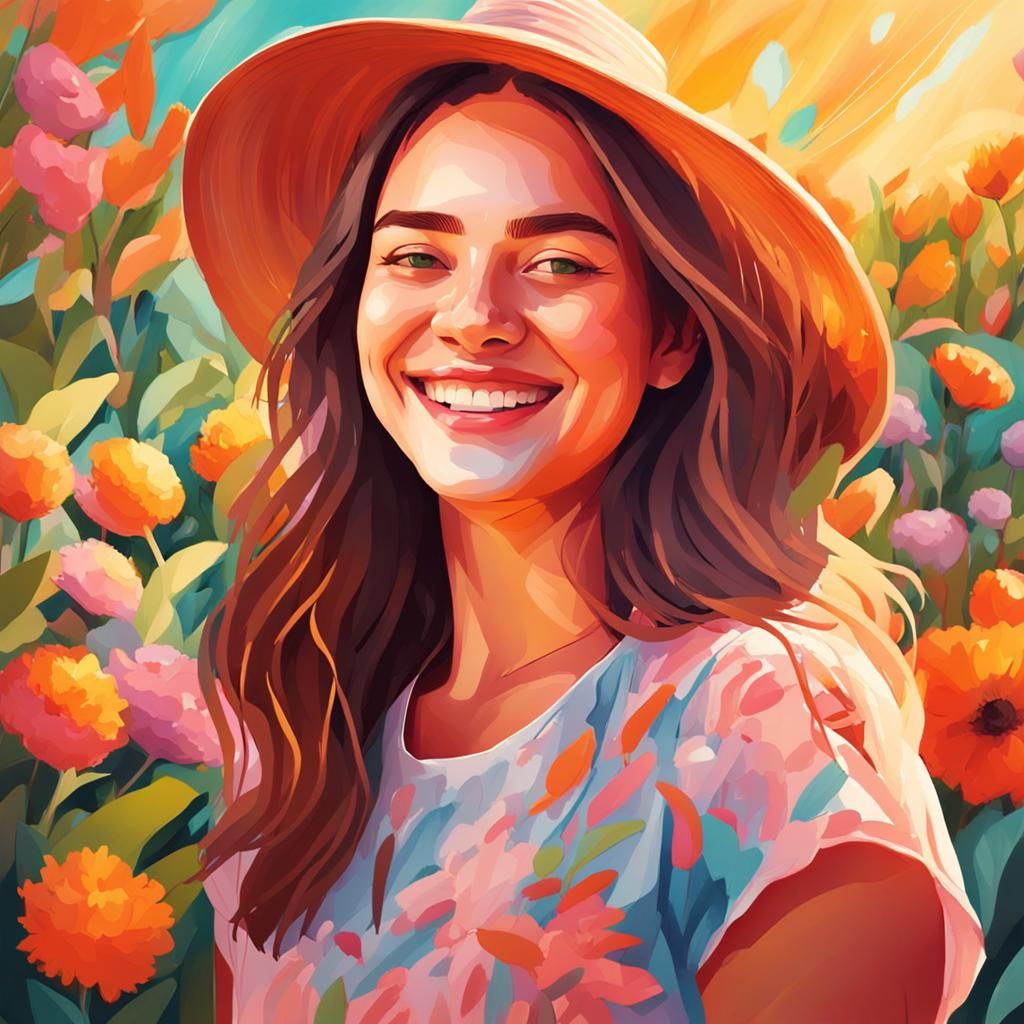 Smiling Woman in Sunny Garden, Expressive Digital Art