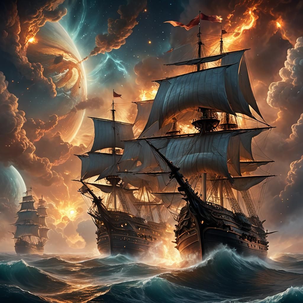 Space Galleon Amidst Gas Giant Clouds