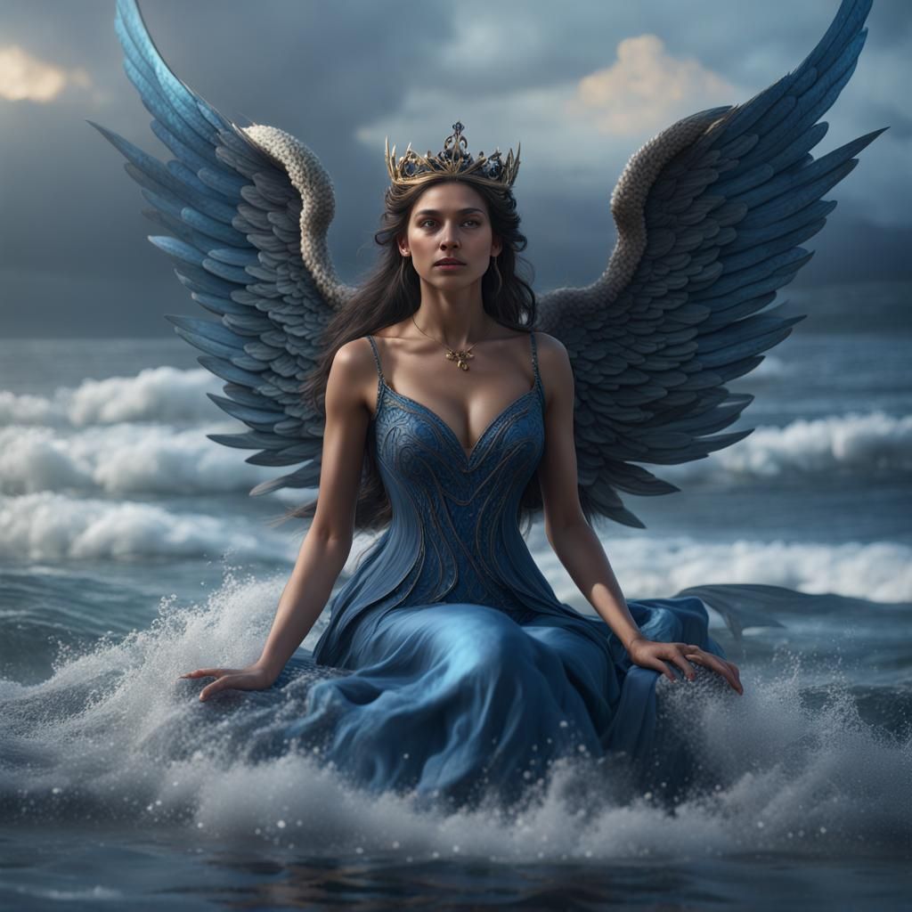 Hyperrealistic Undine Woman on Ocean Waves