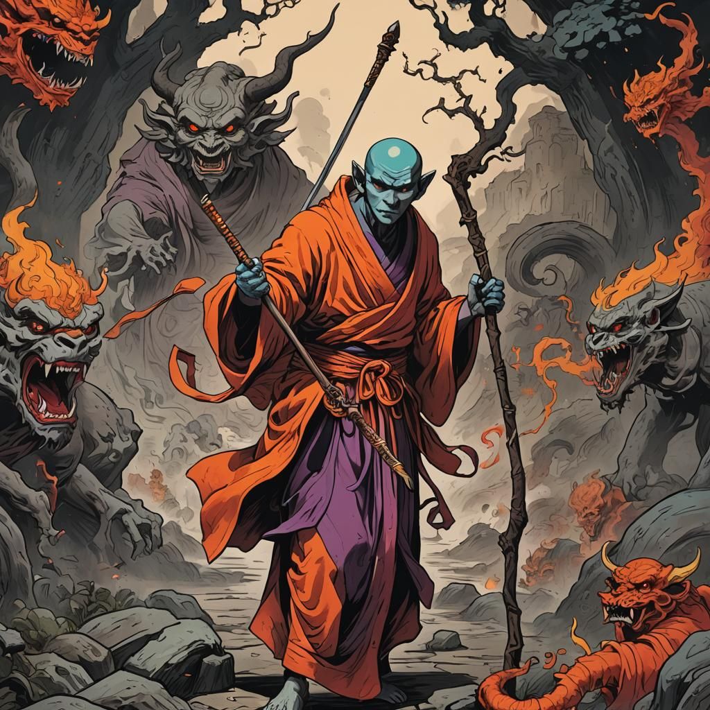 Monk Faces Evil Demon in Whimsical Battle