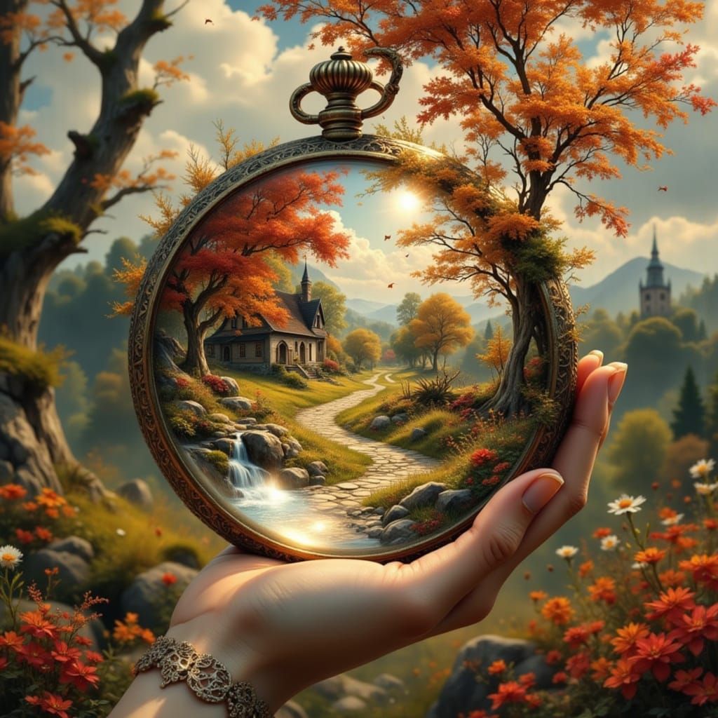 Enchanting Autumn Pocket Watch Scene with Crystal Ball