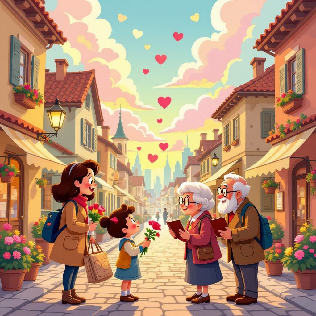 Cartoon Cityscape of Kindness in Warm Tones