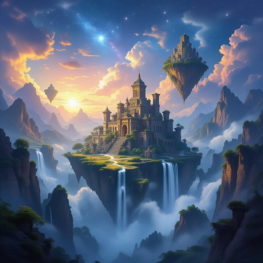 Fantasy Landscape with Floating Islands and Waterfalls