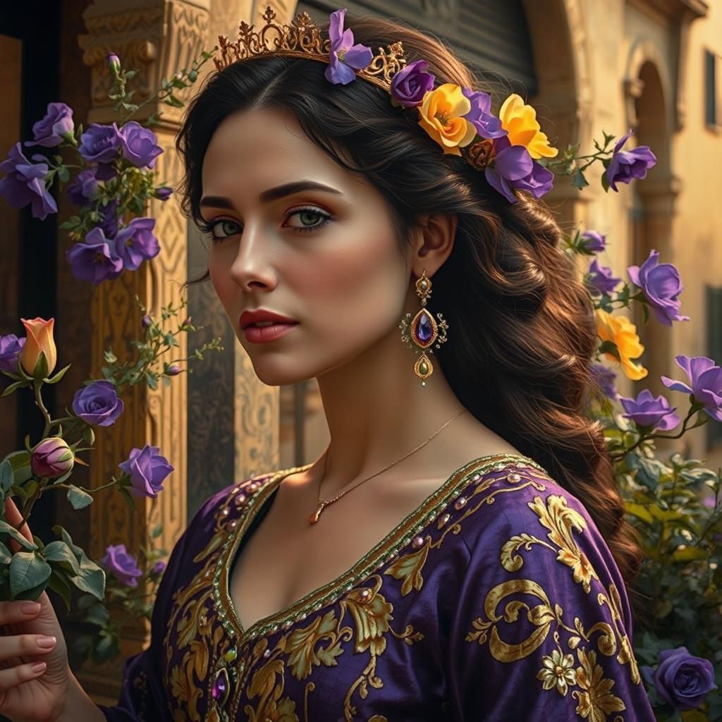 Italian Renaissance Beauty on Balcony with Stormy Sea