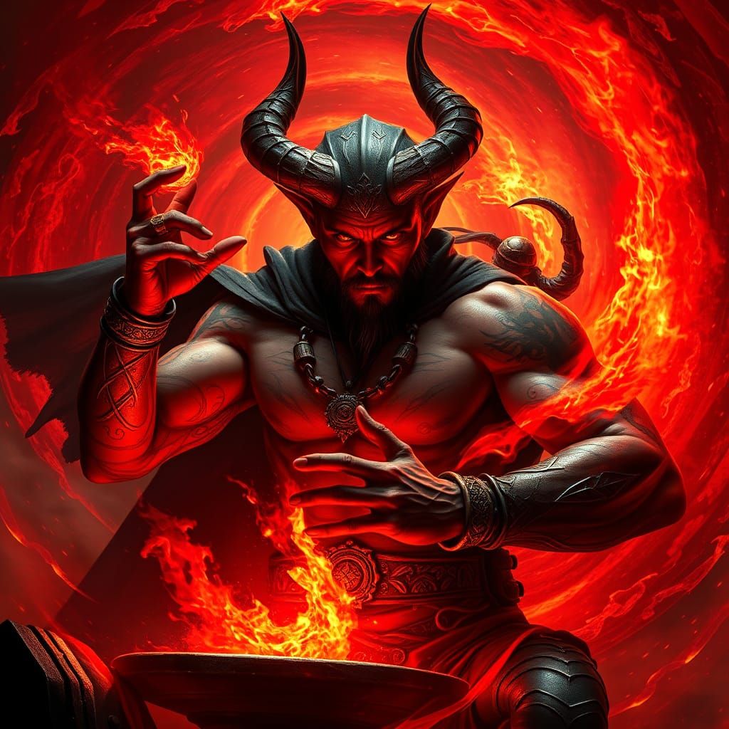 Tiefling Warlock Orchestrates Crimson and Gold Magic Ritual