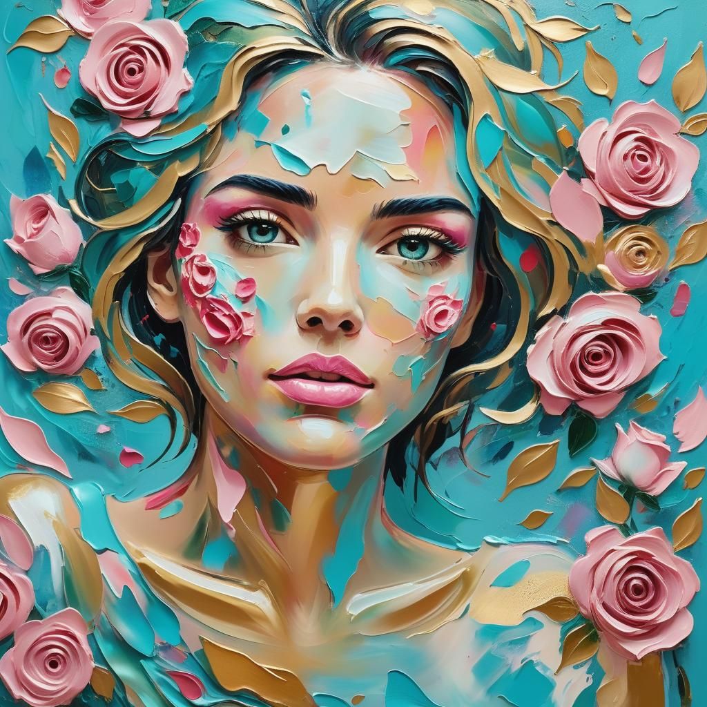 Girl Surrounded by Impasto Roses as Abstract Art