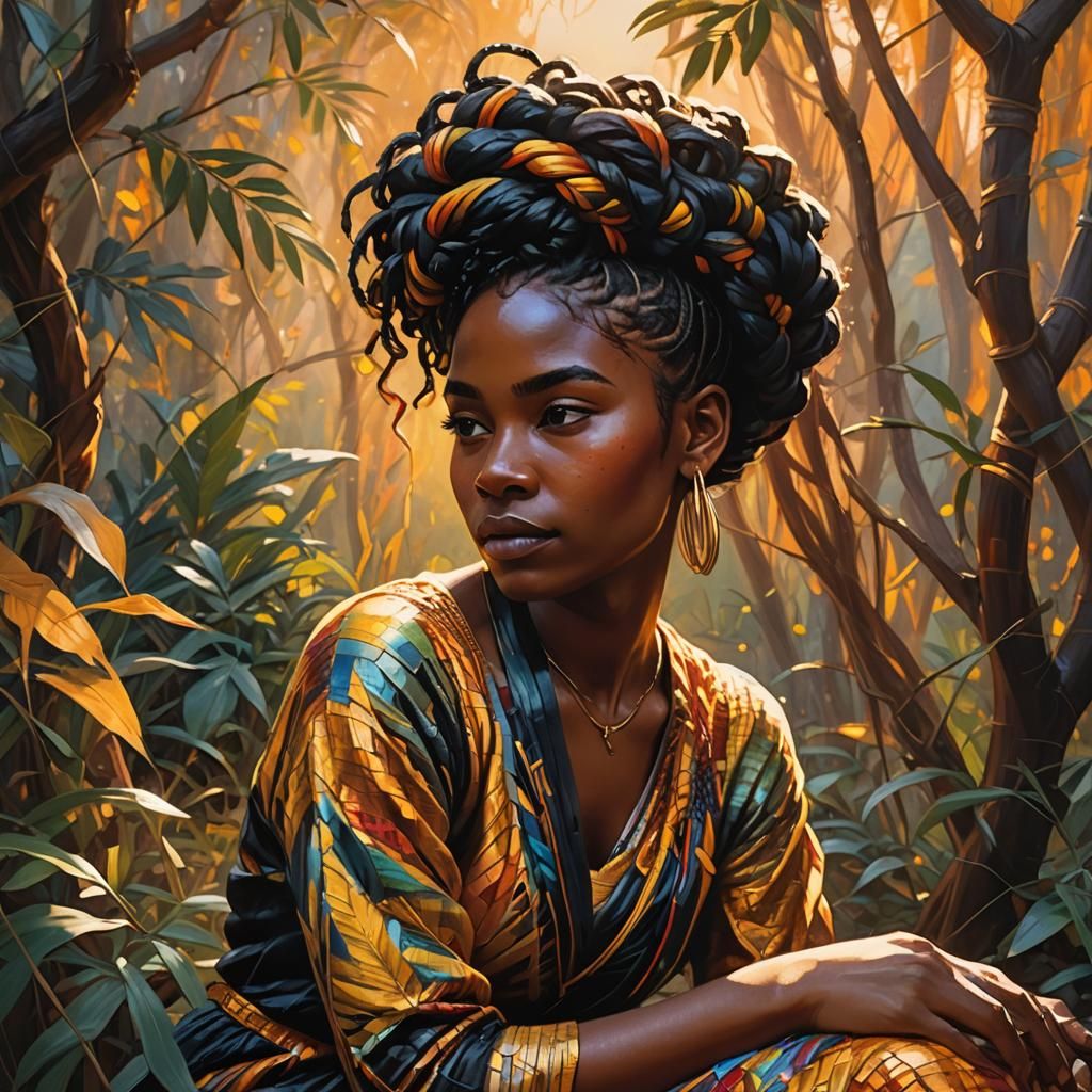 Braided Woman in Forest: Triadic Color Oil Painting