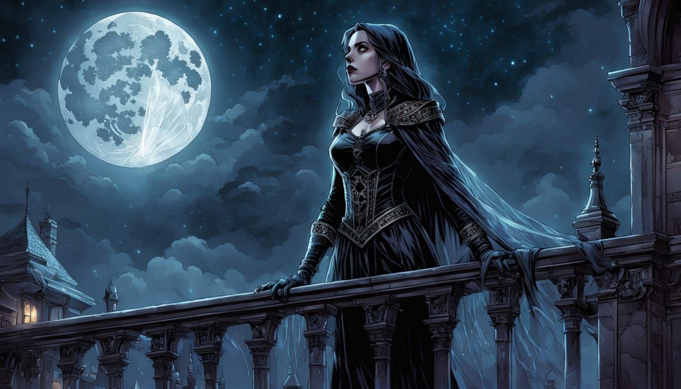 Wizard Woman Gazing at Stars in Gothic Comic Art