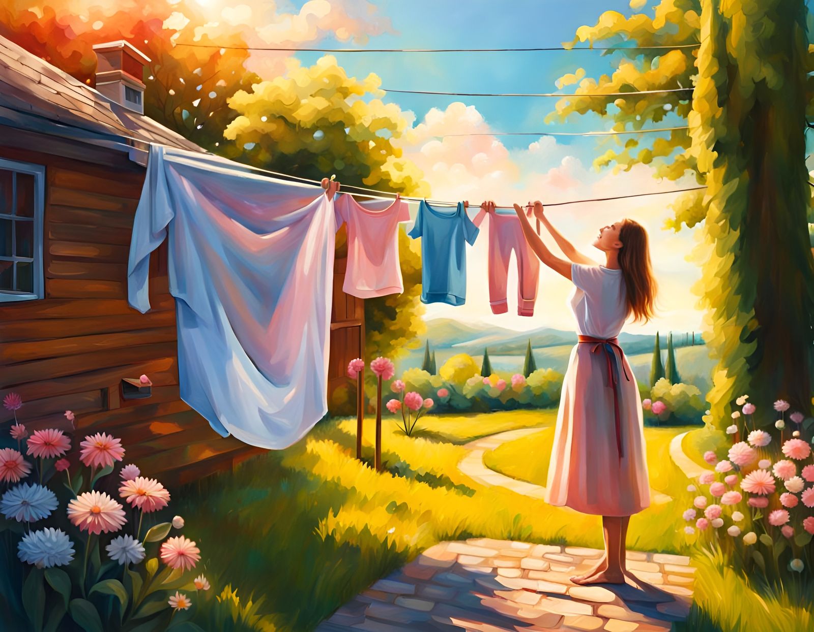 Romantic Oil Painting: Lady Hanging Laundry in Sunny Yard