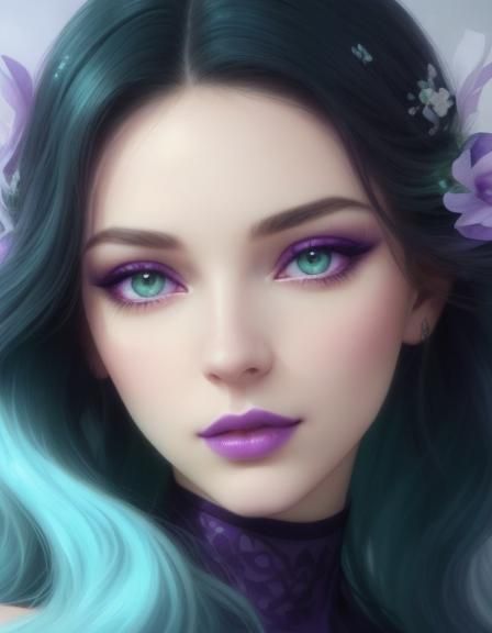 The most beautiful woman in the world with long wavy black hair and green eyes with vibrant purple eyeshadow with vibran...