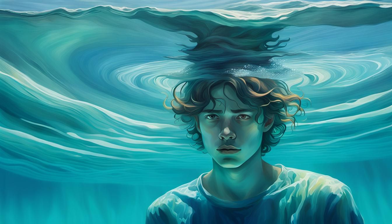 Sorrowful Youth Surrounded by Dreamlike Waves in a Turquoise...