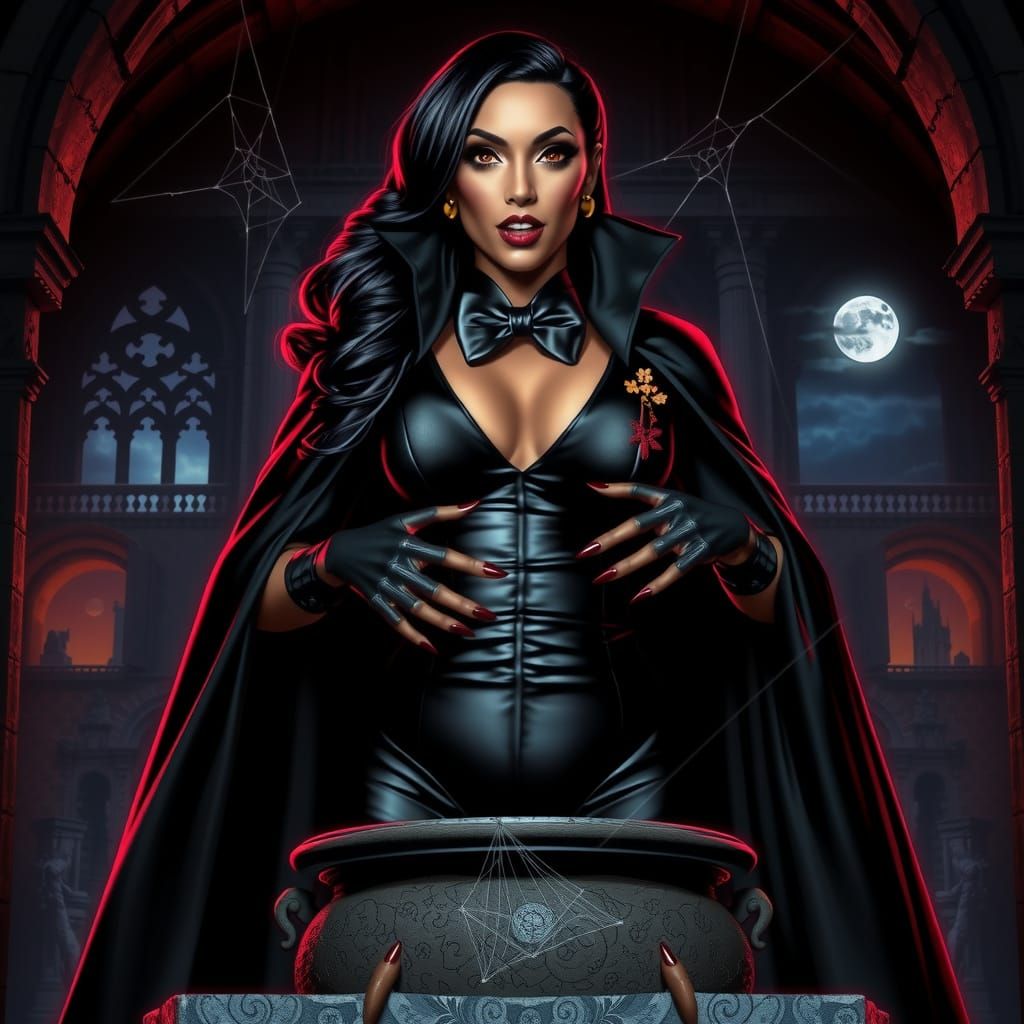 Elegant Plus-Size Vampire Countess Prepares to Strike in Dar...
